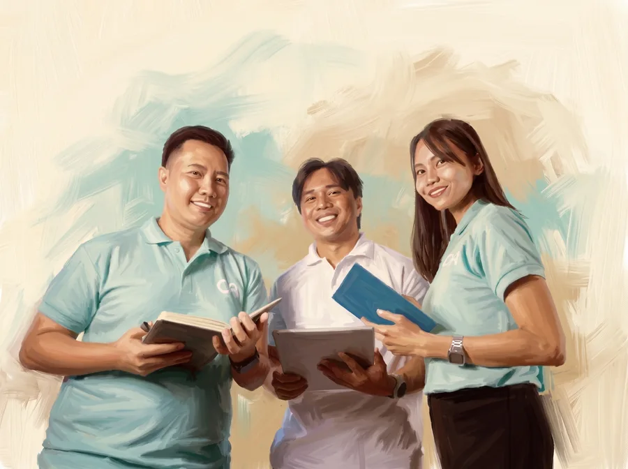 Painted illustration of three smiling Clinic Admin team members holding notebooks and a tablet, standing together